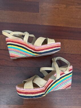kate spade Beige Strappy Wedge Sandals with Multicolor Rope Platform